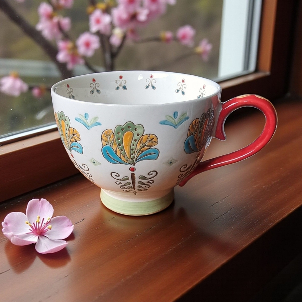 Dutch Wax By Coastline Imports Floral Peacock Fan Handpainted Ceramic Mug